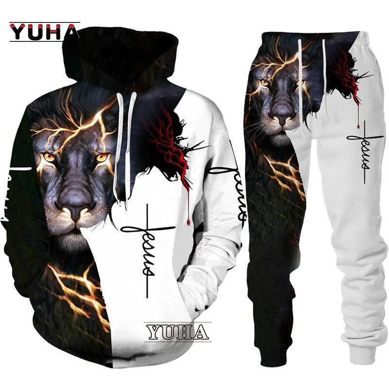 Two Piece Set Christian Bible Faith Jesus God Men's Hoodie/Suit Cool 3D Lion Printed Streetwear Couple Clothes Jogging Tracksuit