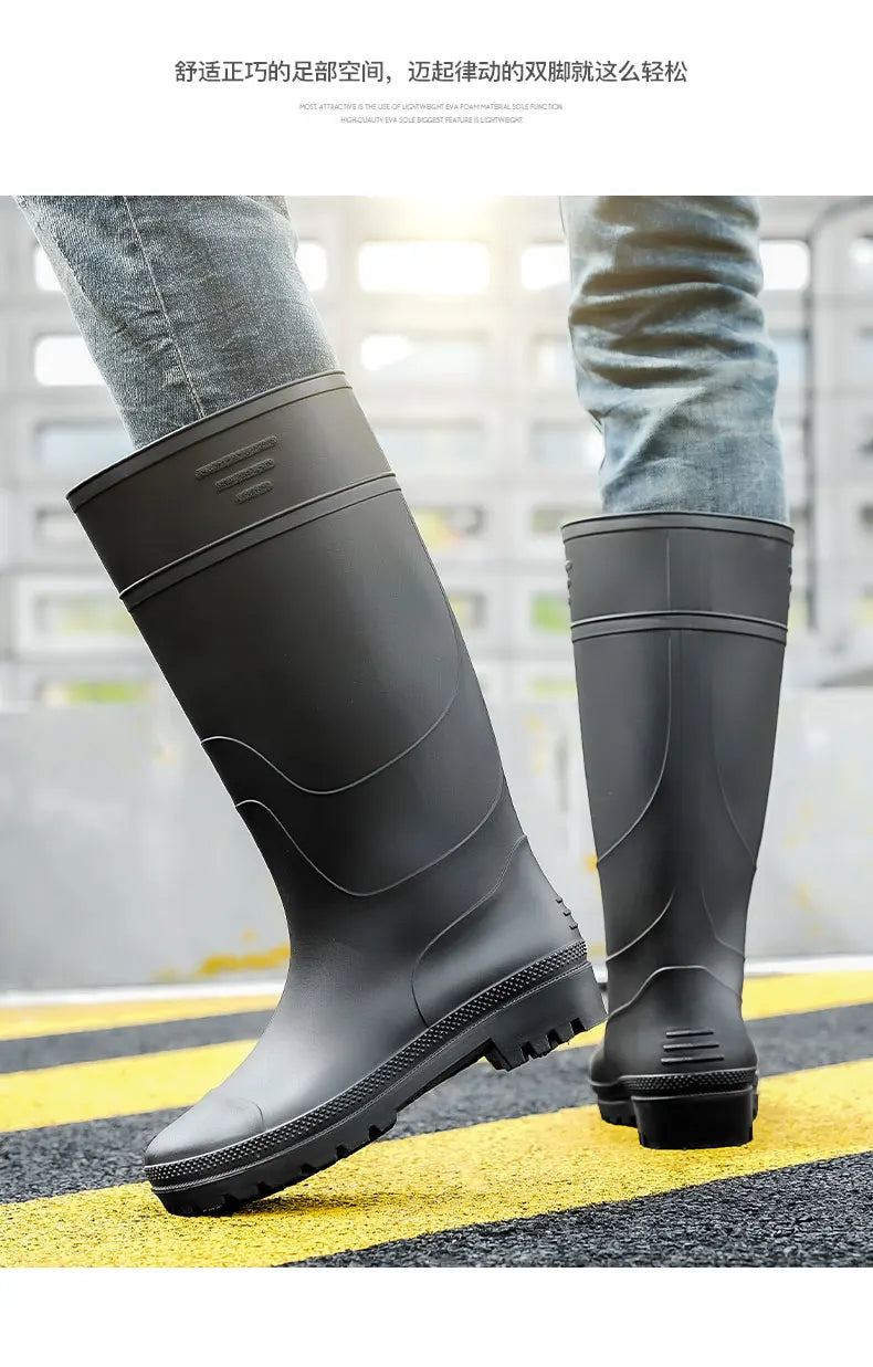 Men's High-Top Rain Boots, Black, Non-Slip, Waterproof, Wear-Resistant, Outdoor Boating, Fishing, Long-Tube Water Shoes, Farm Work Rain Boots