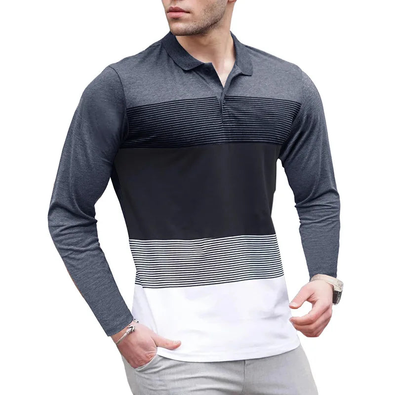 Men's Long Sleeve Polo Shirt Color Block Stripe Design Casual Slim Fit Pullover Breathable Knit Top for Daily Wear & Layering