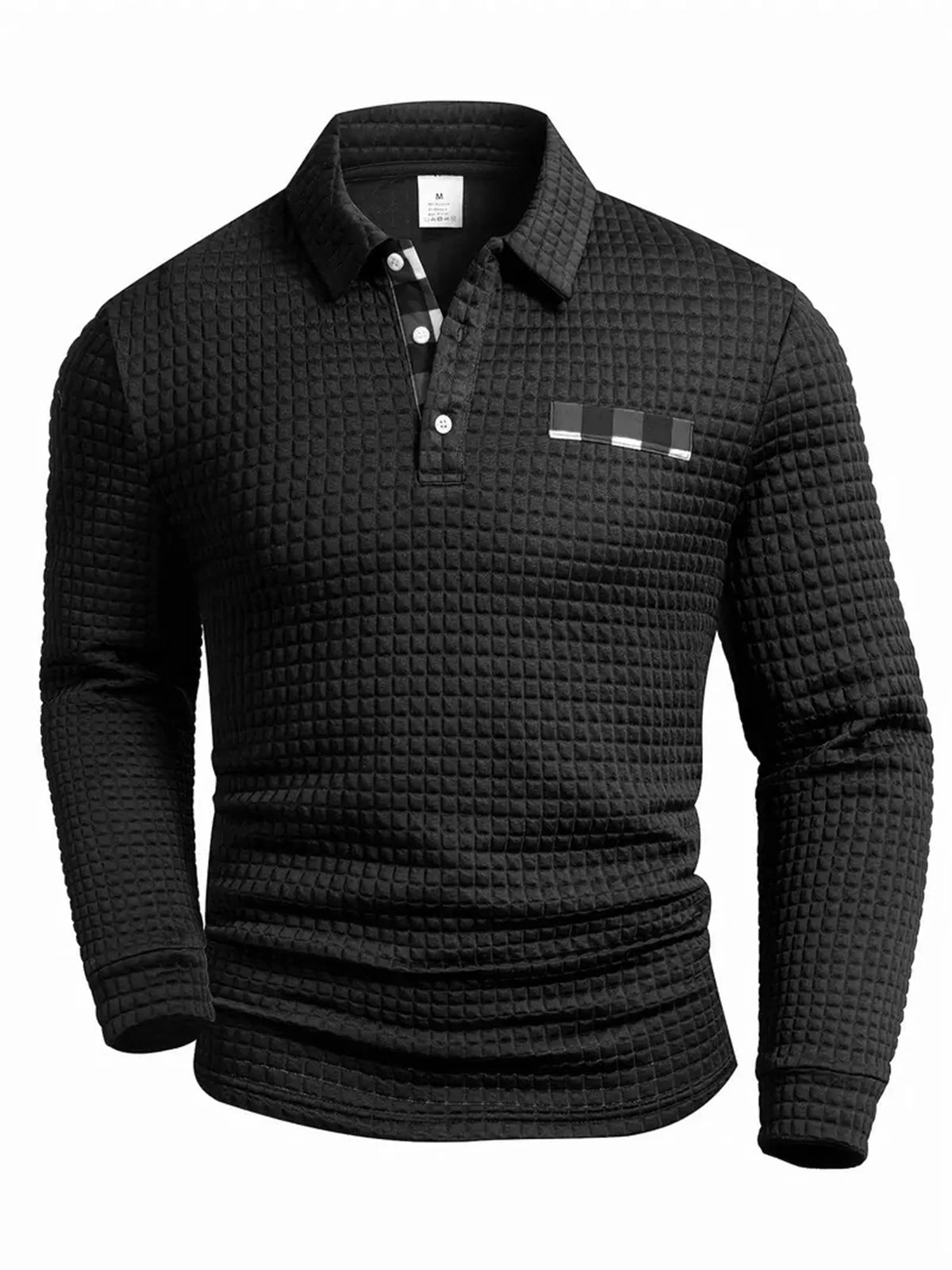 Men's Polo Shirts Square Plaid Texture Fabric Solid Color Mens Long Sleeve Tops Button Checkered Patchwork Henley Collar