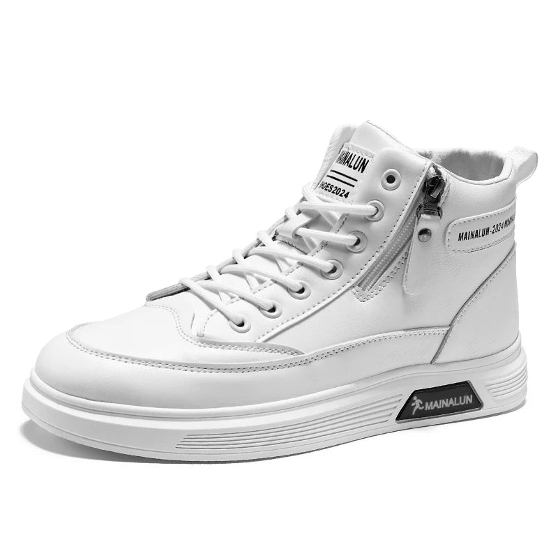 High-Top Sneakers for Men Designed for All Seasons, Featuring a Non-Slip PU Sole And a White Laceless Design Suitable for Urban