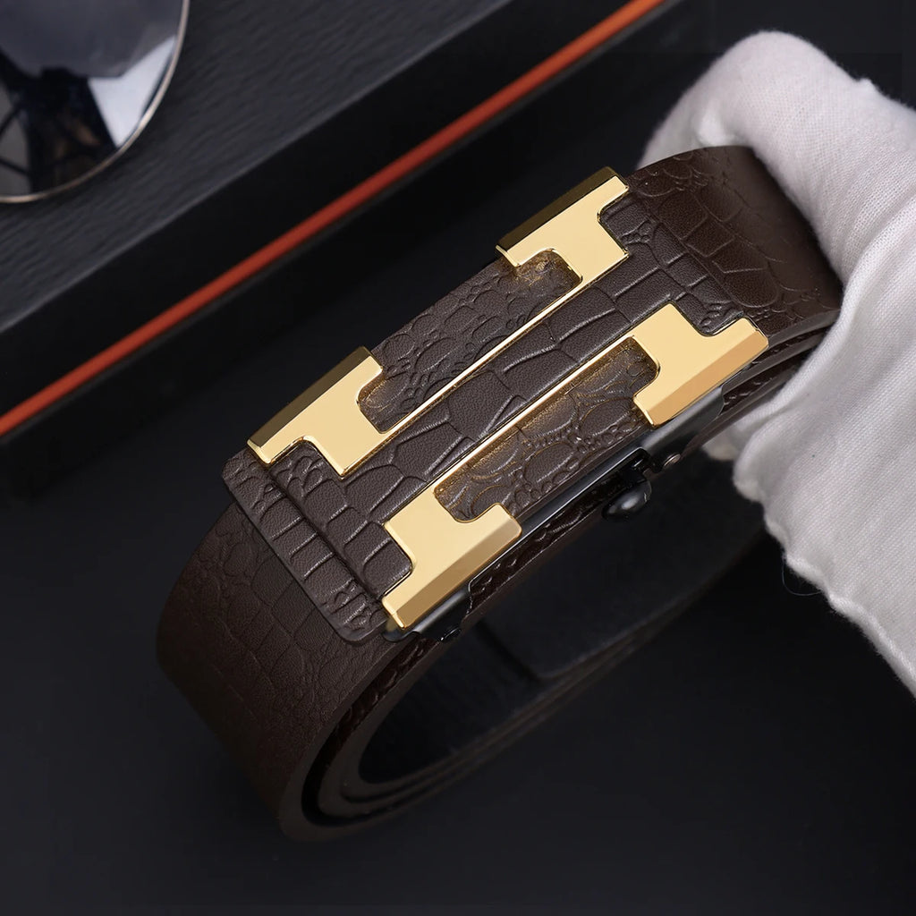 Men's Fashionable Work Business Belt with Metal Automatic Buckle Durable Everyday Use Design Perfect Gift Choice