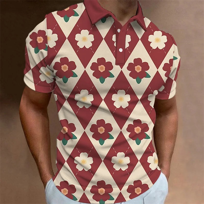 Men's Polo Shirt Summer Casual Short Sleeve Flower Print Buttons Polo Shirts Tops Fashion Pullover Tshirts Male Golf Wear