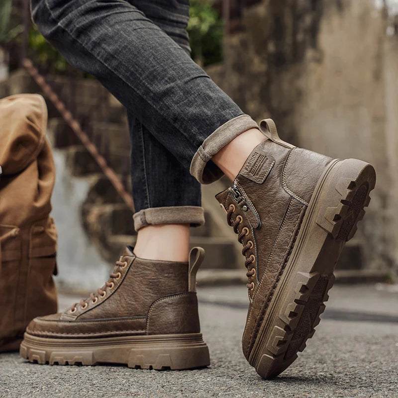 Men Boots Autumn Leather Waterproof Mid-top Sports Shoes New Fashion Ankle Boots Casual Outdoor Hiking Boots Shoes Male Sneakers