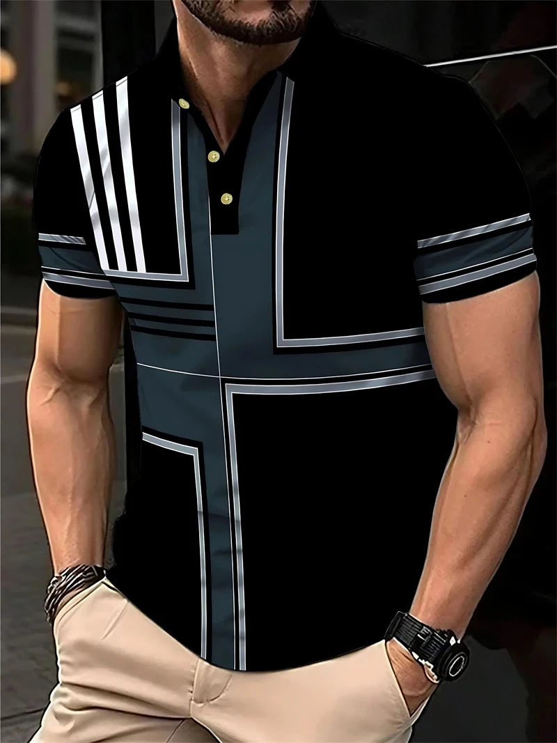Simple Striped Polo Shirts For Men Summer Casual Short Sleeve 3D Printed Business Polo Shirt Loose Breathable Daily Wear Tees