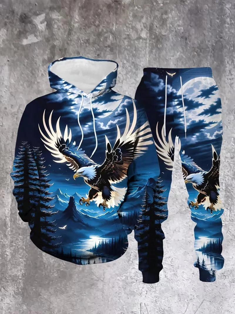 Men's 3D Eagle Print Tracksuit Outfits Street Fashion Hoodies Pants 2-Piece Set Autumn/Winter Casual Sweatshirt Sweatpants Suits