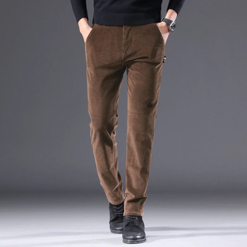 Men's Solid Straight Leg Corduroy Fabric Casual Pants Male Army-green Coffee Office Pants Stylish Youth Autumn Winter Trousers