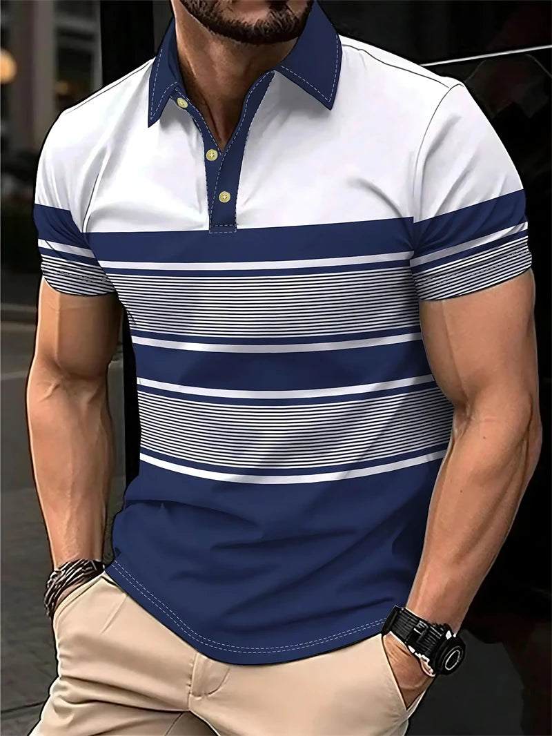 Simple Striped Polo Shirts For Men Summer Casual Short Sleeve 3D Printed Business Polo Shirt Loose Breathable Daily Wear Tees