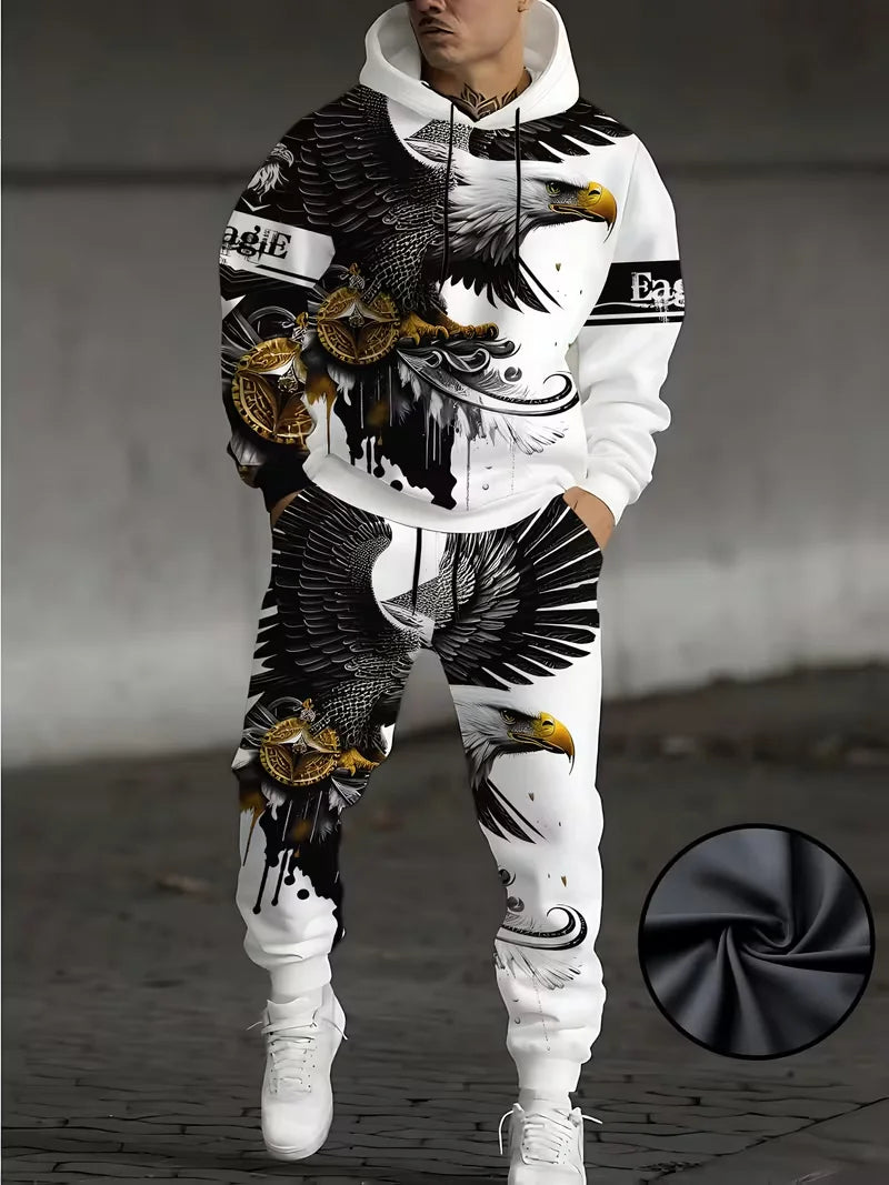 Men's 3D Eagle Print Tracksuit Outfits Street Fashion Hoodies Pants 2-Piece Set Autumn/Winter Casual Sweatshirt Sweatpants Suits