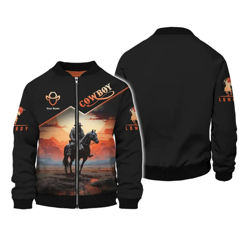 American West Cowboy Men Bomber Jacket Custom Name 3d Printed Jacket Men Clothes Autumn Winter Harajuku Zipper Coat Overszied