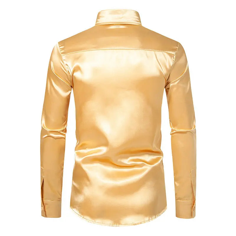 Bright face shirt, men's long sleeved autumn and winter men's clothing, satin nightclub style, solid color trend, men's trend