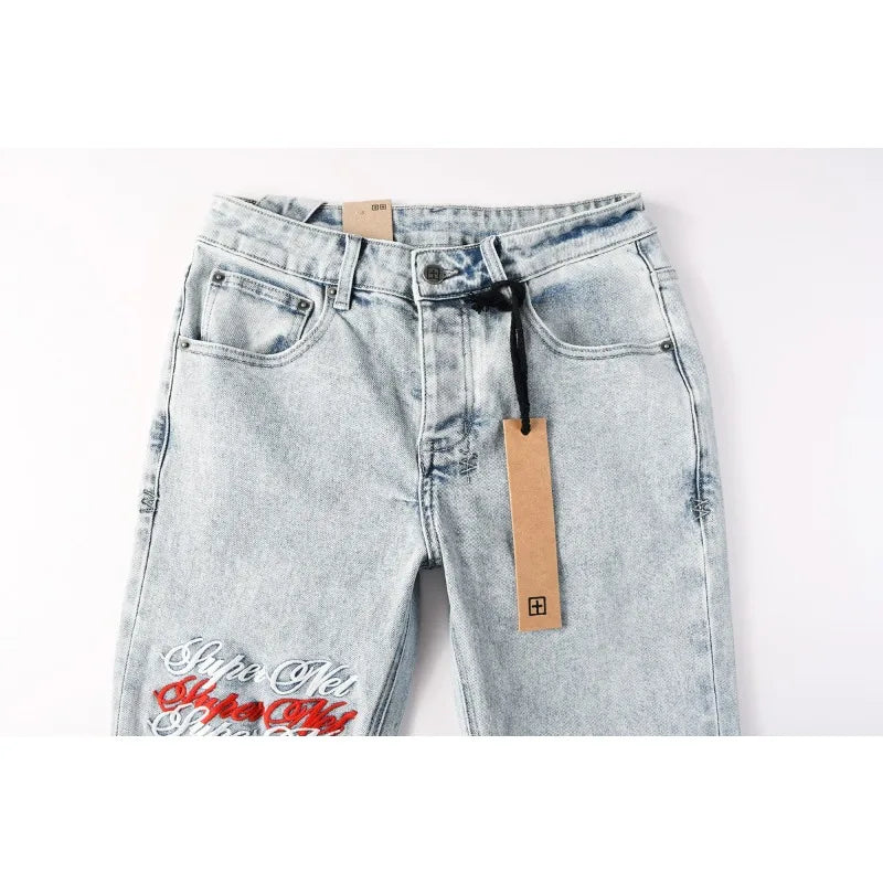 2026 New Men Jeans Fashion Trends Distressed Rose Embroidered Logo Stretch Skinny Button Jeans Pants