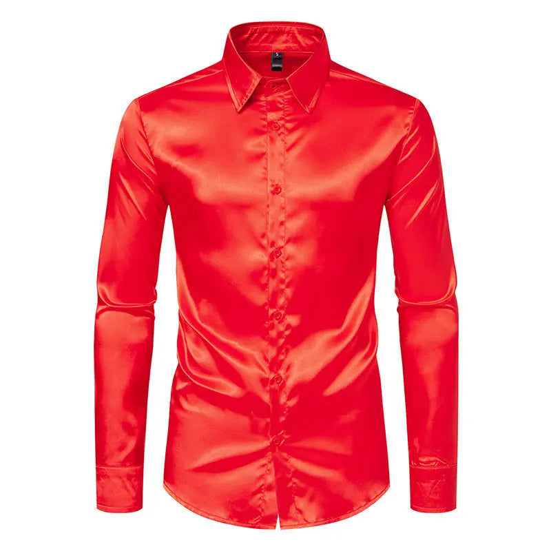 Bright face shirt, men's long sleeved autumn and winter men's clothing, satin nightclub style, solid color trend, men's trend