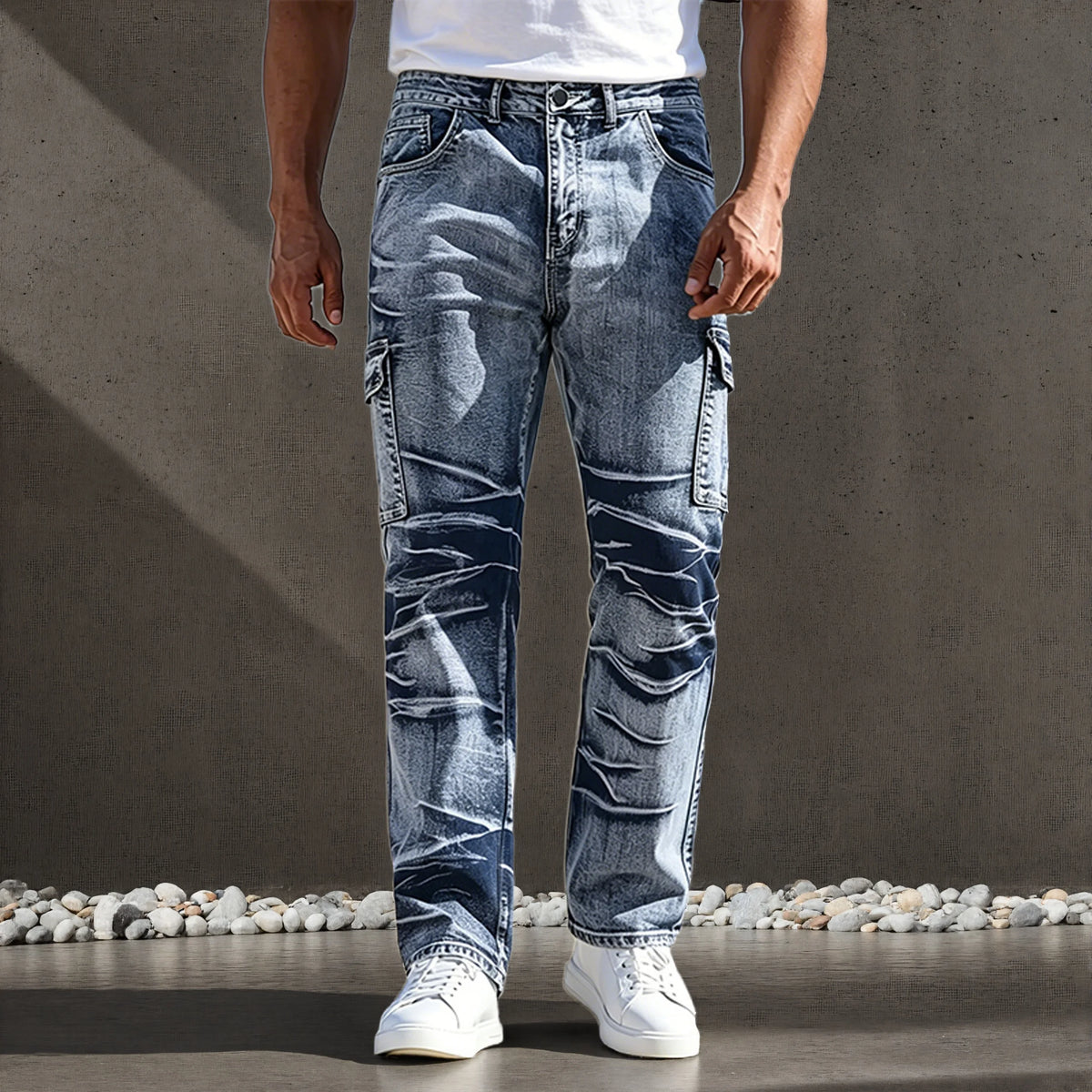Men's Jeans, American Casual Style, Multi-Pocket Design, Simple and Versatile Straight-Leg Trousers, Suitable for All Seasons