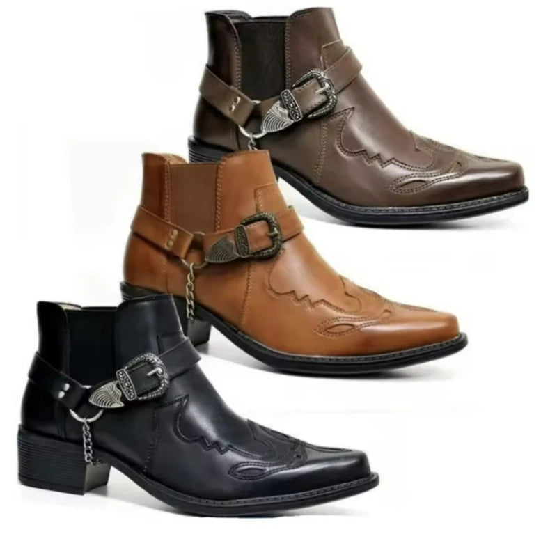Handmade Men's Boots Vintage Cowboy Boots Leather High Top Casual Shoes Buckle Strap Punk Shoes Pointed Toe Men Motorcycle Boots
