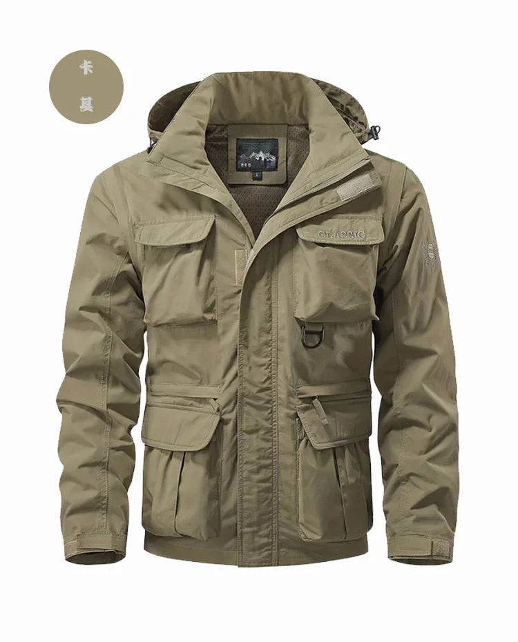 Men Outdoors Hooded Multiple Pockets Hiking Jackets New Spring Autumn Male Traveling Windproof Waterproof Jackets Quality Coats