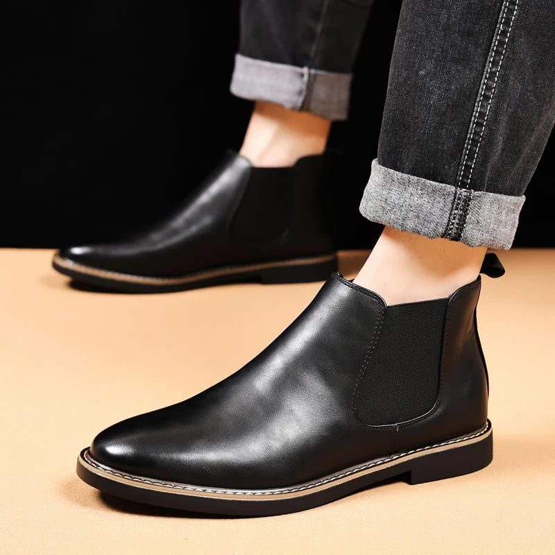 MAEDEF Men Boots Man Chelsea Boots Brand Retro Comfortable PU Leather Waterproof Ankle Boots Fashion Black Brown Shoes Mens Boot