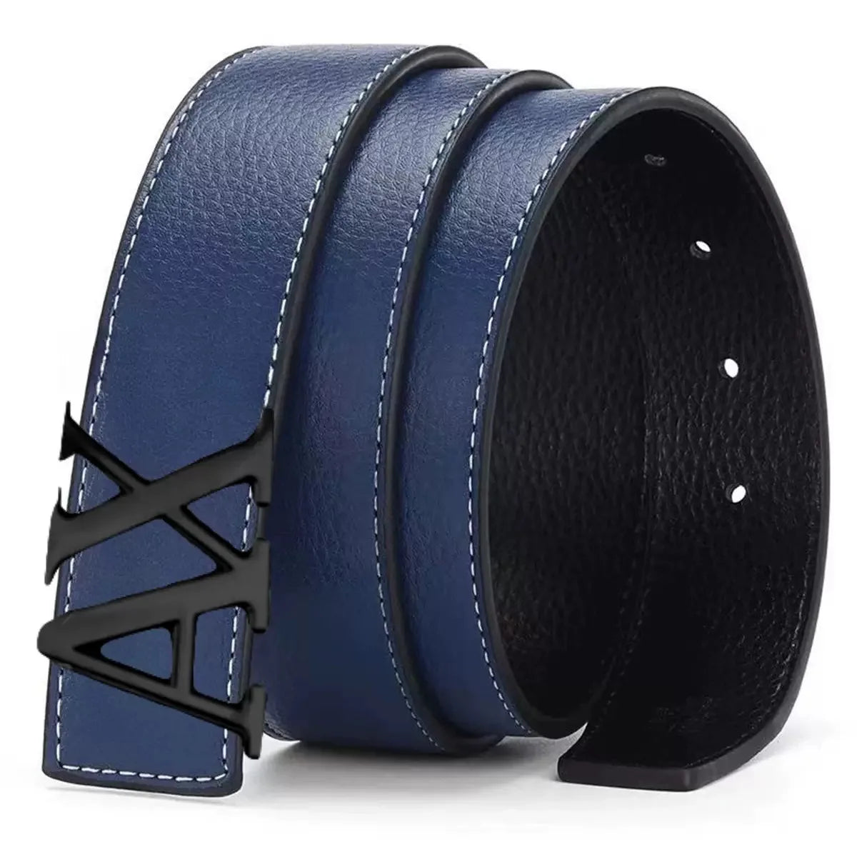 Men's  Belt with Silver A - Shape Automatic Buckle, Slim Business Casual Waist Strap for Dress Pants, Black