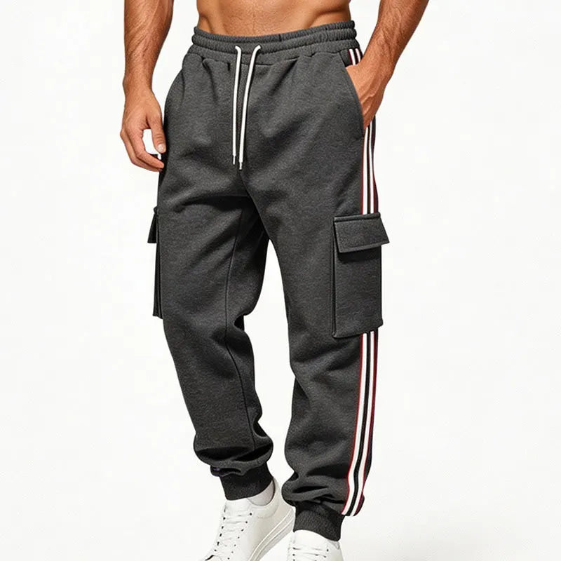 Men Striped Cargo Joggers Multi Pocket Drawstring Elastic Waist Sweatpants Hip Hop Streetwear Loose Fit Sports Casual Pants