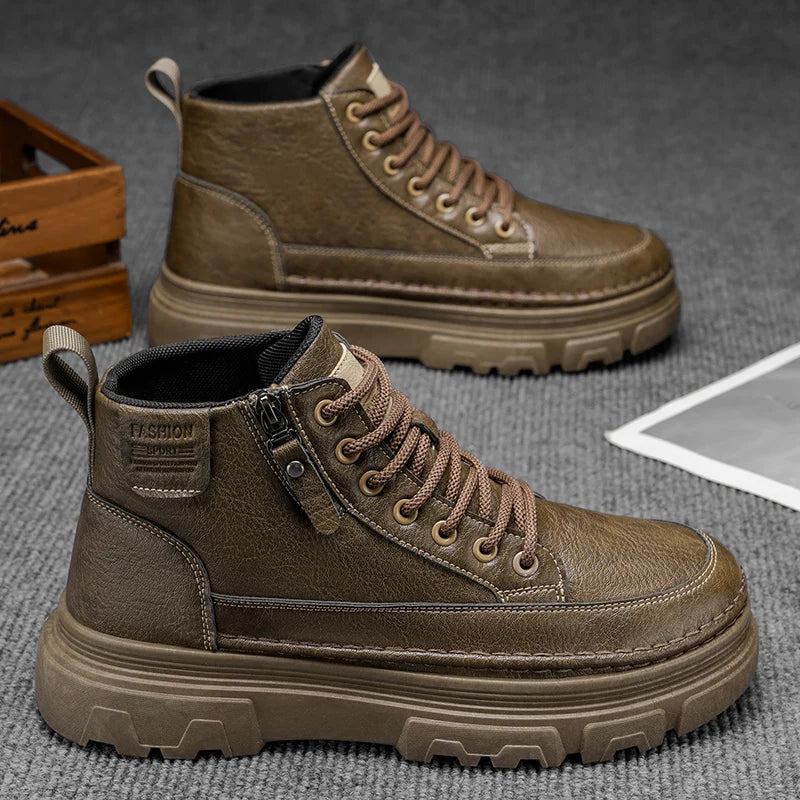 Men Boots Autumn Leather Waterproof Mid-top Sports Shoes New Fashion Ankle Boots Casual Outdoor Hiking Boots Shoes Male Sneakers