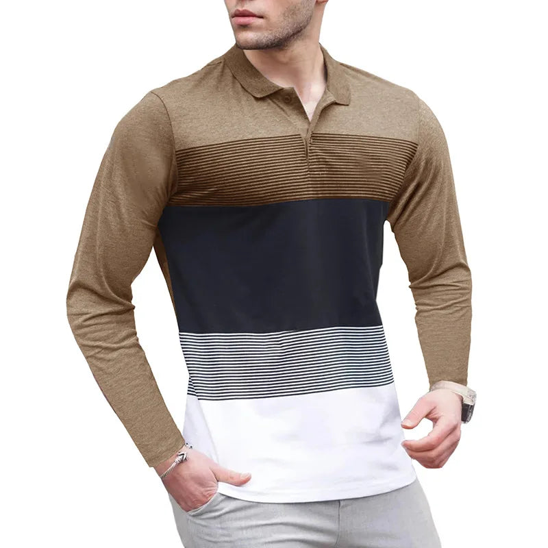 Men's Long Sleeve Polo Shirt Color Block Stripe Design Casual Slim Fit Pullover Breathable Knit Top for Daily Wear & Layering