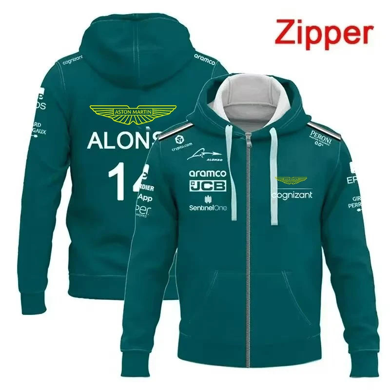 Aston Martin Fernando Alonso No. 14 Zippered Hoodie Men's Women's Fashion Casual Racing Driver Spring Autumn 2026