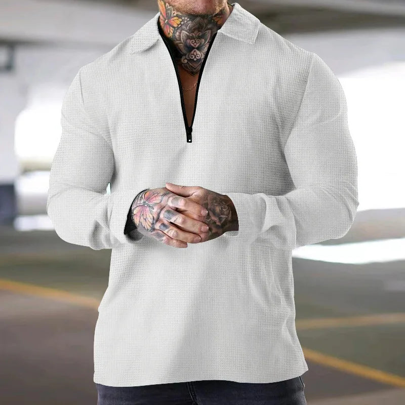 Men Waffle Knit Long Sleeve Polo Shirt Quarter Zip Lapel Casual T-Shirt For Autumn