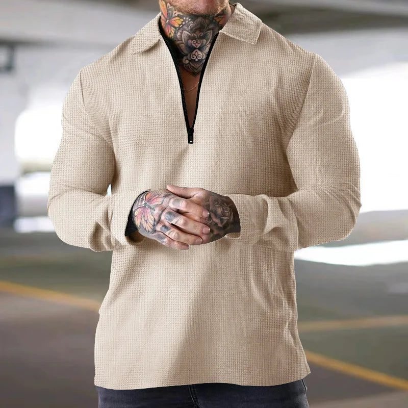 Men Waffle Knit Long Sleeve Polo Shirt Quarter Zip Lapel Casual T-Shirt For Autumn