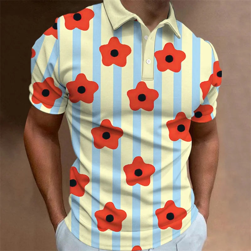 Men's Polo Shirt Summer Casual Short Sleeve Flower Print Buttons Polo Shirts Tops Fashion Pullover Tshirts Male Golf Wear