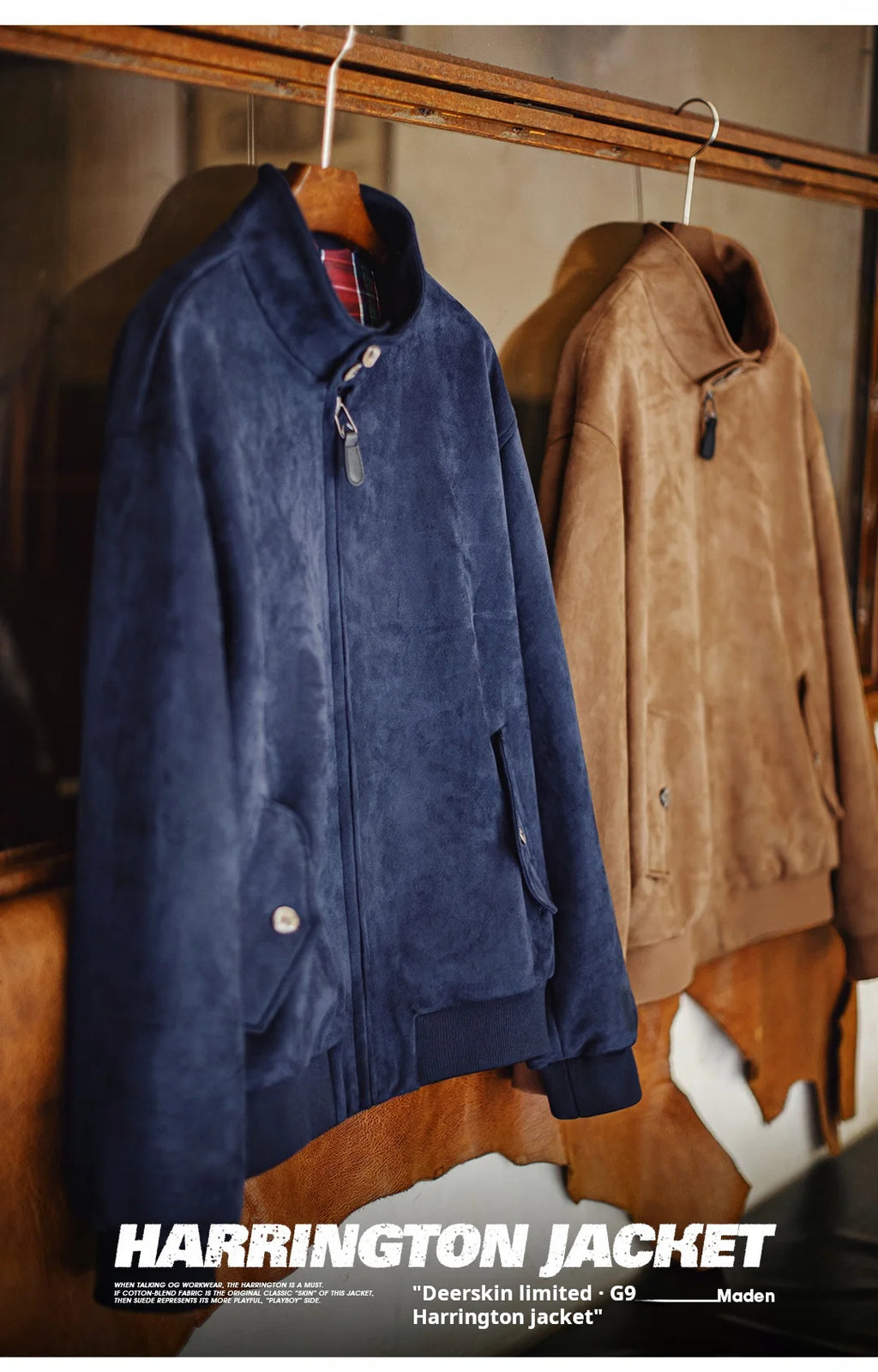 Maden Vintage Men's Suede Jackets Zippered Stand Collar Windbreaker with Tartan Lining Warm Coat for Autumn Winter Streetwear