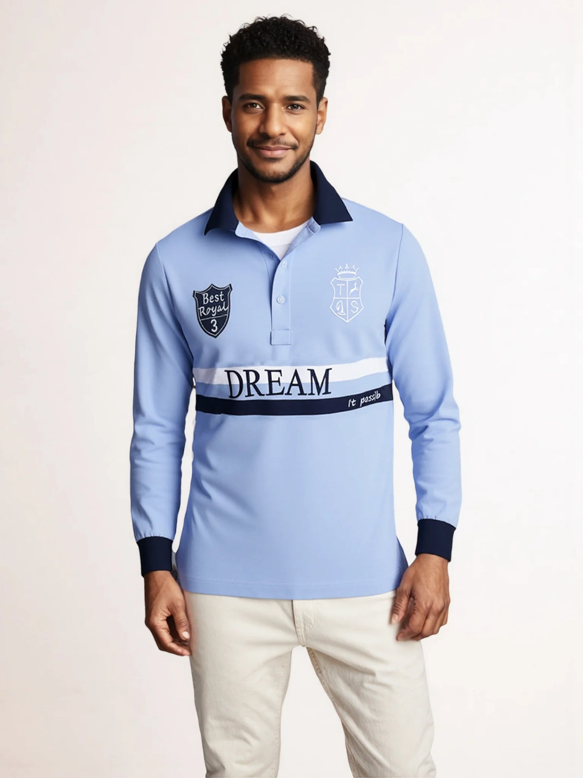 New Men's Long Polo Shirts 100% Cotton Full-Sleeved Collar Tee Shirt Dream Embroidery Casual Sports Tshirt US Size XS-7XL