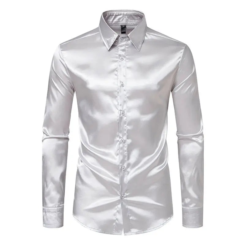 Bright face shirt, men's long sleeved autumn and winter men's clothing, satin nightclub style, solid color trend, men's trend
