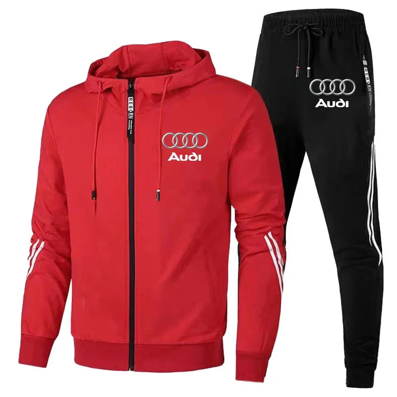 Autumn Winter Mens Audi Car Logo Print Tracksuit Men Zipper Hoodie+Pants 2 Piece Set Casual Gym Fitness Jogging Sportswear Suits