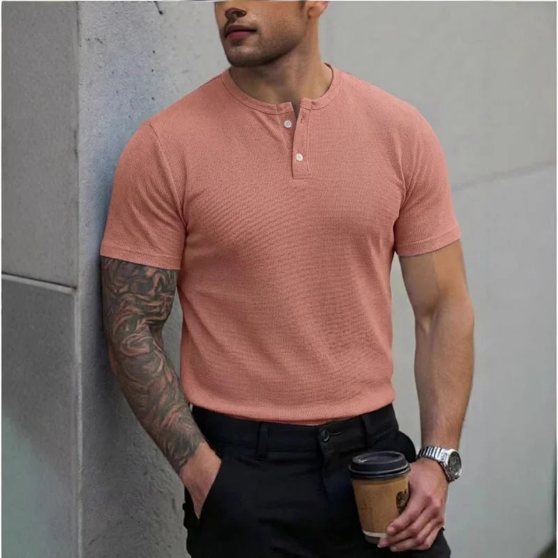 Men's Polo Shirt with Henley Collar, Short-Sleeved T-Shirt, Summer Casual Button-Down Placket Street Style Base Layer, S-3XL.