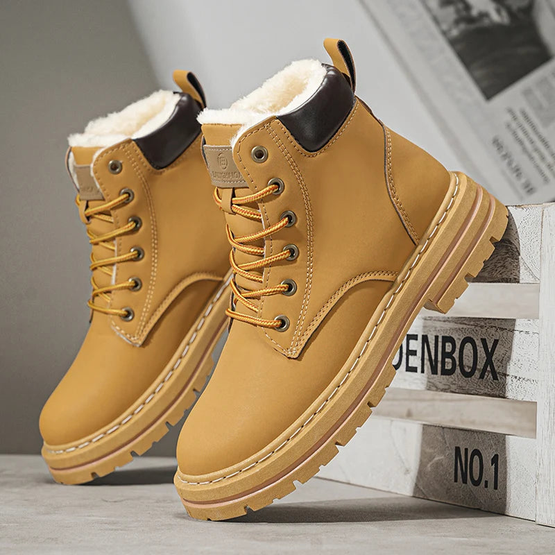 Men's High-Top Boots with Plush Lining, Thick and Warm Interior for Cold Weather Protection, Thick Non-Slip and Wear-Resistant Soles, Rugged Workwear Style, Warm and Stylish for Autumn and Winter Outings, Suitable for Various