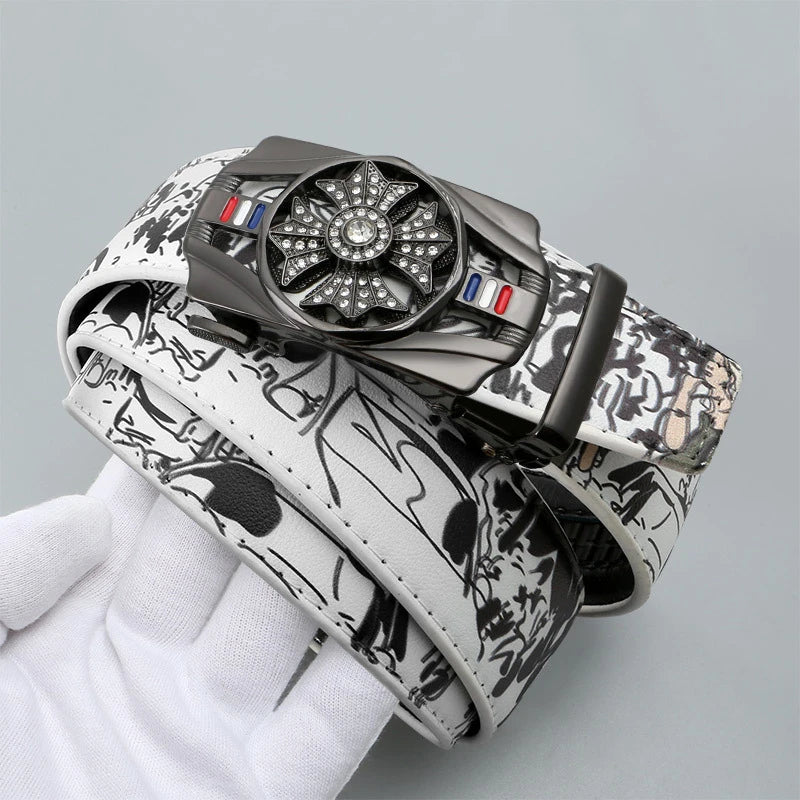 Men's Fashionable Automatic Belt with Rotating Buckle，Graffiti printPUBelt，Luxurious casual belt suitable for jeans and trousers