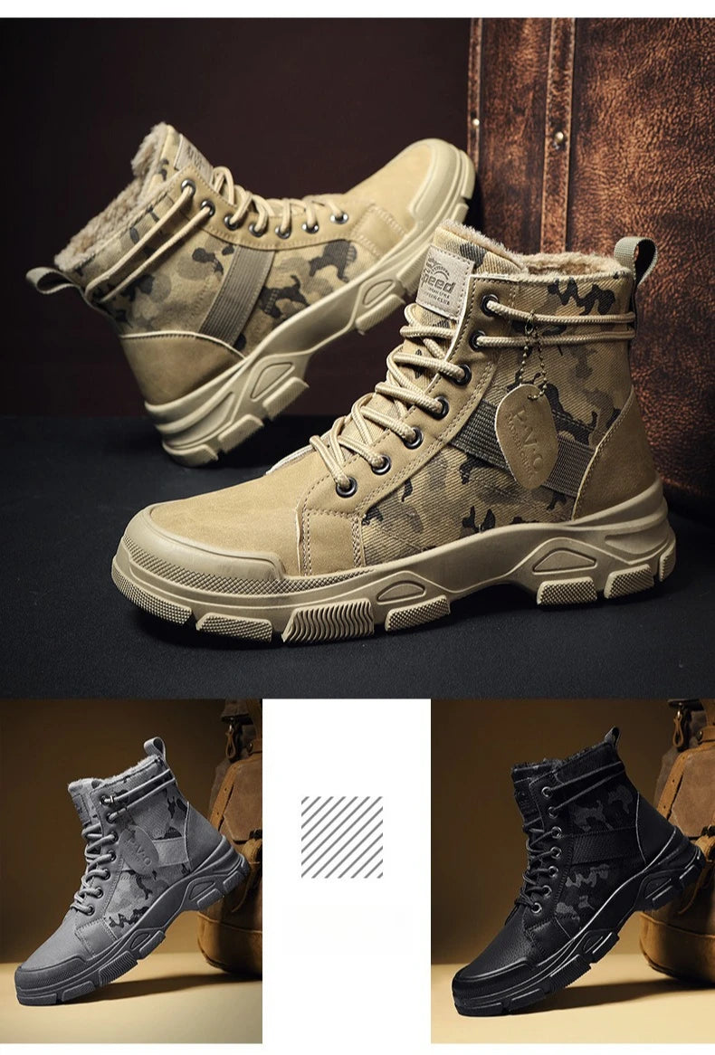 Men's Shoes Camouflage High Top Work Boots New Comfortable Sneakers Men Outdoor Hiking Shoes Men Non-Slip Lace-Up Platform Boots