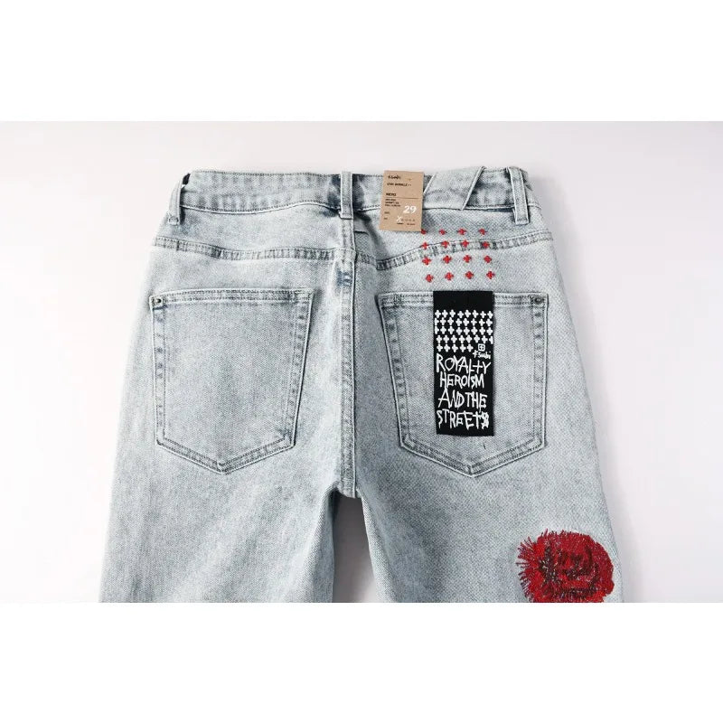 2026 New Men Jeans Fashion Trends Distressed Rose Embroidered Logo Stretch Skinny Button Jeans Pants