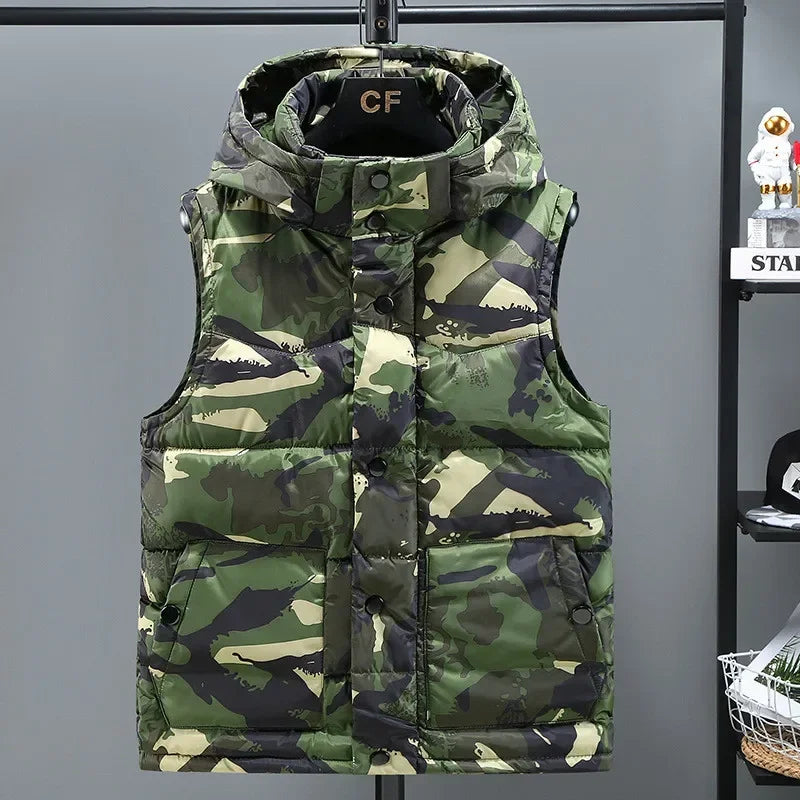 Army Green Vest for Men Cotton Hat Detachable Sleeveless Jacket Fashion Spring and Autumn Clothing  Mens Jacket Plus Size 5XL