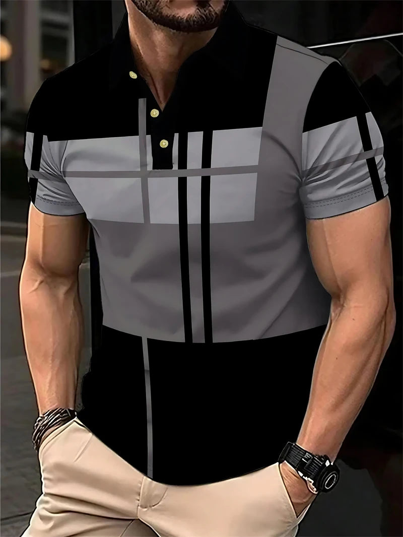 Simple Striped Polo Shirts For Men Summer Casual Short Sleeve 3D Printed Business Polo Shirt Loose Breathable Daily Wear Tees