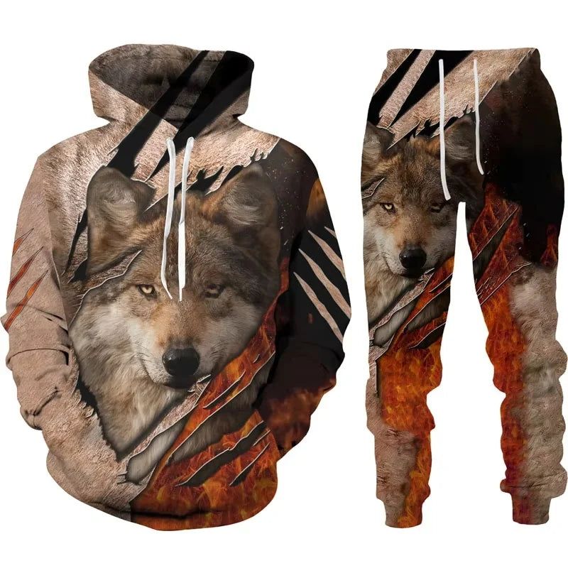 Spring Men's Hooded 3D Animal War Wolf Printed  Sweater Set Male Sportswear Tracksuit Long Sleeve Men Clothing Suit