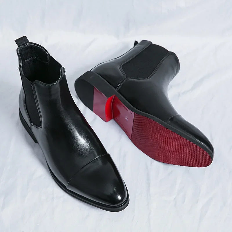 Men's Boots Business Ankle Boots Red Sole Pointed Toe Dress Boots British High Top Leather Shoes Slip-On Casual Men Chelsea Boot
