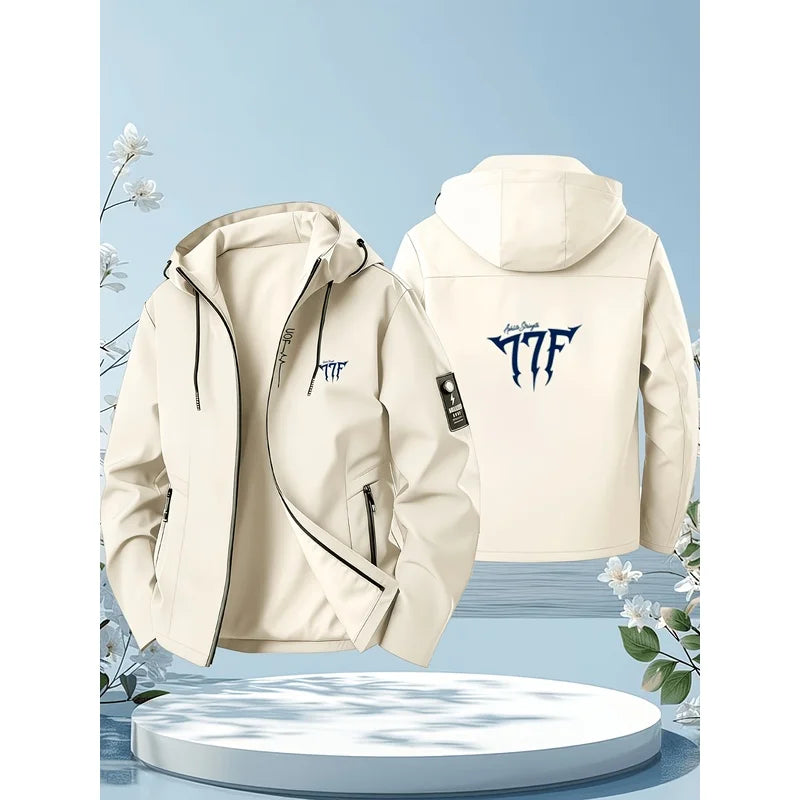 Men's casual hooded jacket, sporty design, featuring brand patterns on the back, suitable for daily wear and outdoor activities.