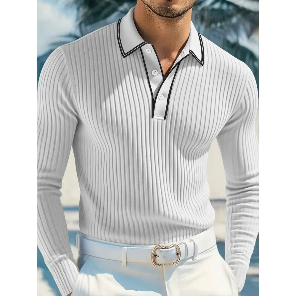 New Men's Long Sleeve Knitted Polo Shirt Classic Cotton Knit with Button Placket Business Casual & Golf Top Spring Autumn Shirts