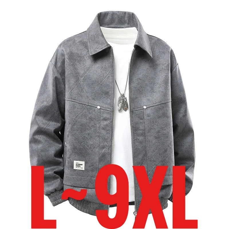 Plus Size 9XL Men Suede Jacket Zipper Oversize Coat Male Motorcycle Big Large 8XL Grey Loose Trend Korean Casual Fashion