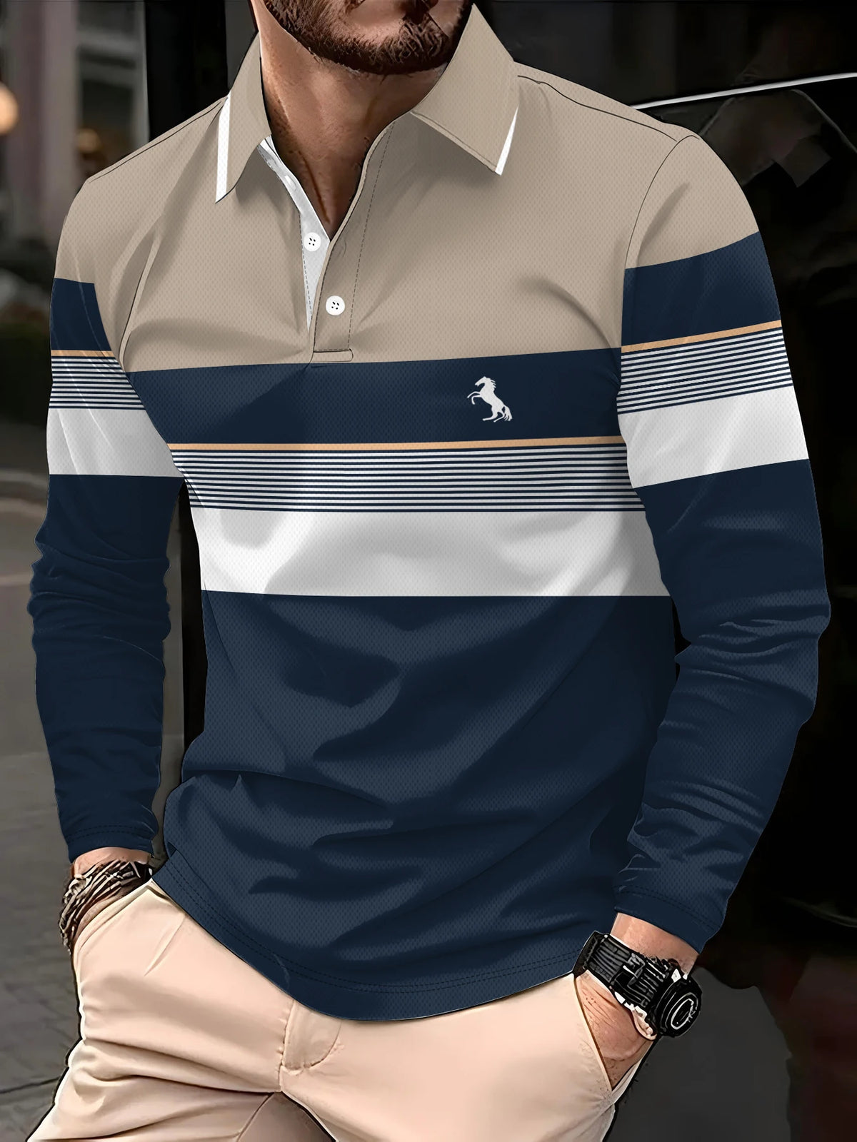 Men's Polo shirts for autumn and winter with fashionable buttons featuring daily stripe patterns long-sleeved Polo shirts