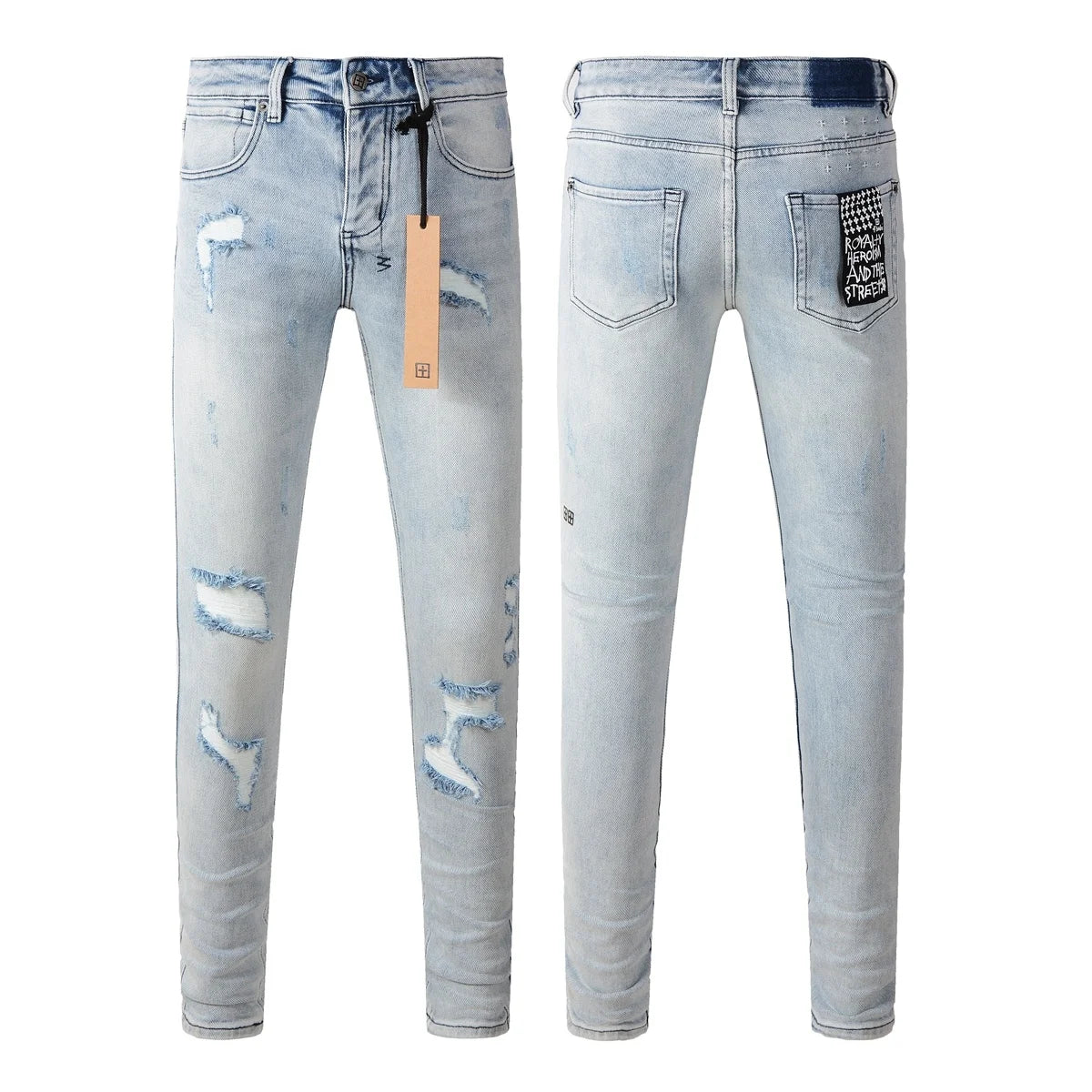 2026 New Men Jeans Fashion Trends Distressed Rose Embroidered Logo Stretch Skinny Button Jeans Pants