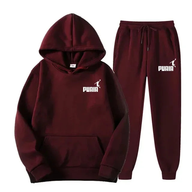 Autumn and winter new men's sportswear set, outdoor cycling windproof and warm men's hooded sweatshirt + pants 2-piece set