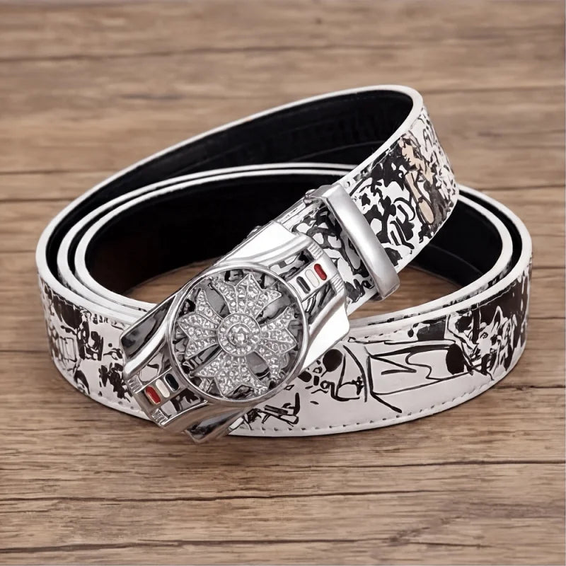 Men's Fashionable Automatic Belt with Rotating Buckle，Graffiti printPUBelt，Luxurious casual belt suitable for jeans and trousers