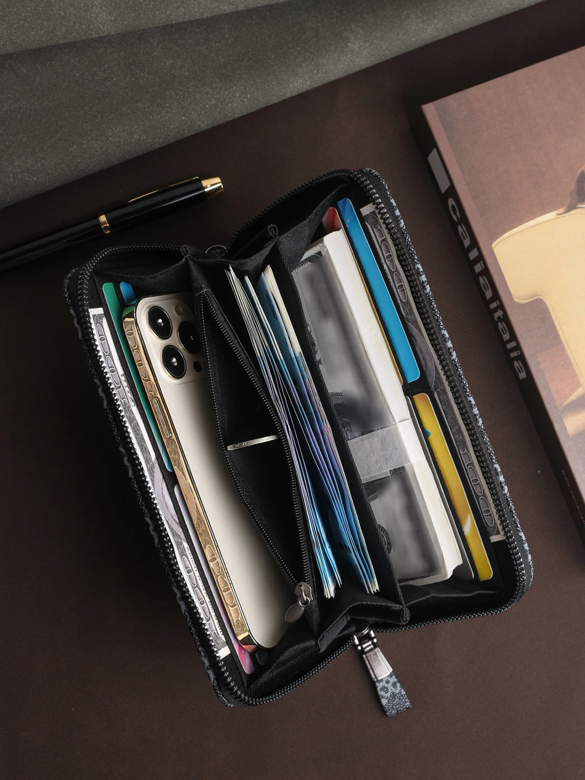 Men's Long Wallet - Premium PU Leather with Detachable Wrist Strap, Business Metal Hardware Organizer